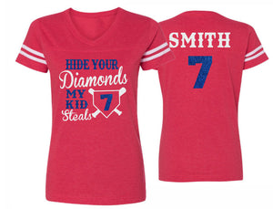 Glitter Baseball Mom Shirt | Hide Your Diamonds My Kid Steals | V-neck Short Sleeve Shirt