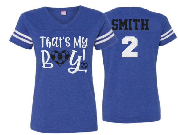 Glitter Short Sleeve Soccer Mom Shirt | That's My Boy V-neck Short Sleeve Raglan Shirt | Customize Colors