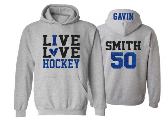 Glitter Live Love Hockey Hoodie | I Love Hockey | Hockey Bling | Hockey Hoodie | Hockey Spirit Wear | Customize Colors | Youth or Adult