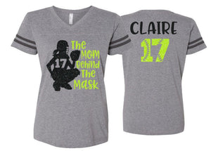 Glitter Softball Shirt | The Mom Behind the Mask |Catcher Shirt | Softball Bling | V-neck Short Sleeve Shirt