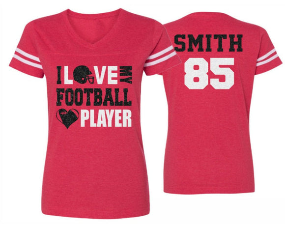 Glitter Football Mom Shirt | I Love My Football Player Shirt |  Football Mom Shirts  | V Neck Short Sleeve Shirt | Customize Football Shirt
