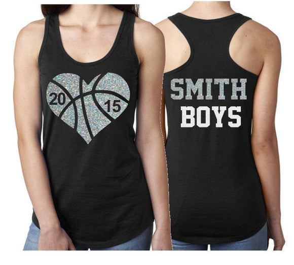 Glitter Basketball Heart Tank Top | Basketball Mom Shirts | Two Numbers | Basketball Shirts | Basketball Bling | Customize Colors