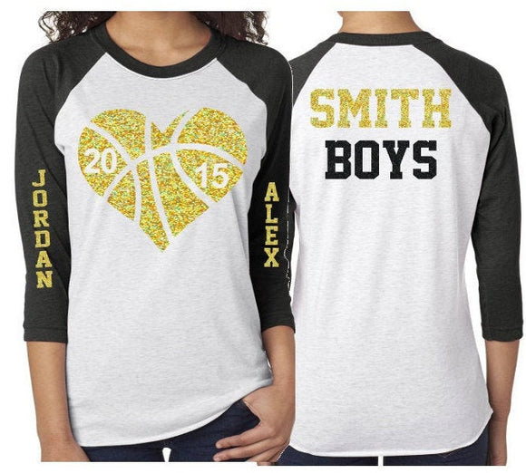 Glitter Basketball Heart Shirt | Basketball Tshirts | Two Numbers | Basketball Mom Shirts | Basketball Bling | 3/4 Sleeve Raglan | Customize