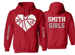 Glitter Basketball Hoodie | Basketball Heart | Basketball Hoodies | Basketball Mom Hoodies | Customize Team & Colors | Adult or Youth Sizes