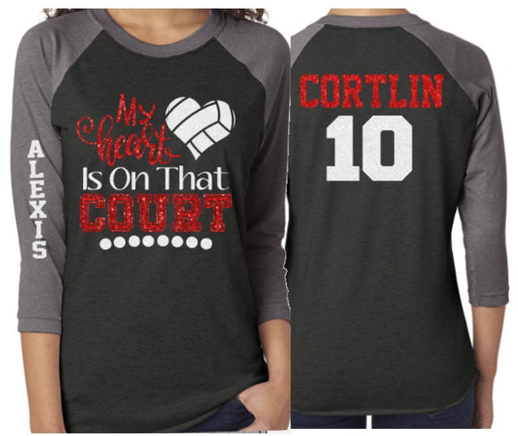 Glitter Volleyball My Heart is on the Court Baseball Shirt | 3/4 Sleeve Raglan | Volleyball Bling | Customize  Colors