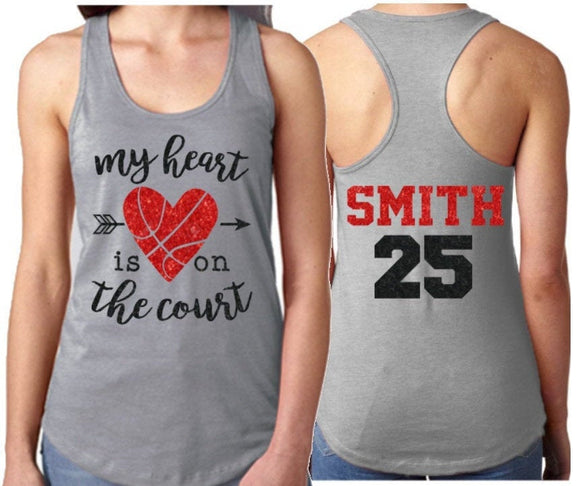 Glitter Basketball Mom Tank Top | My Heart is on the Court | Basketball Tshirts | Basketball Mom Shirts | Basketball Bling