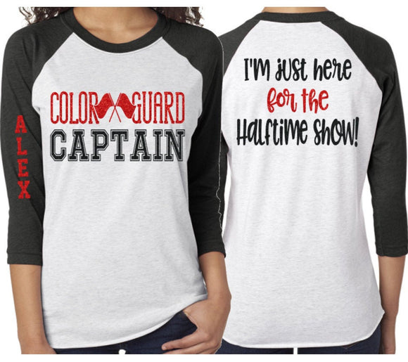 Glitter Color Guard Captain shirt | Band Shirt | 3/4 Sleeve Raglan | Customize with your Colors