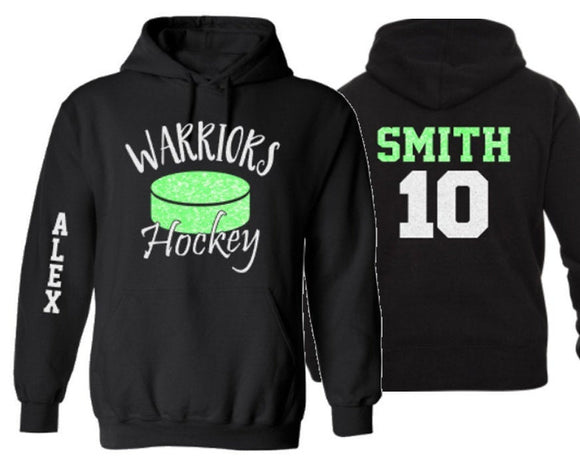 Glitter Hockey Hoodie  | Hockey Hoodie | Hockey Spirit Wear | Hockey Bling | Customize with your Team & Colors | Youth or Adult