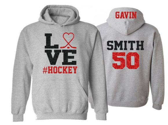 Glitter Love Hockey Hoodie | Hockey Bling | Hockey Hoodie | Hockey Spirit Wear | Customize Colors | Youth or Adult