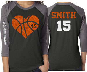 Glitter Basketball Heart Shirt | Basketball Tshirts | Basketball Mom Shirts | Basketball Bling | 3/4 Sleeve Raglan | Customize Colors