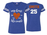 Glitter Basketball Mom Shirt | My Heart is on the Court | Basketball Shirts | Basketball Mom Shirts | V Neck Short Sleeve Shirt | Customize