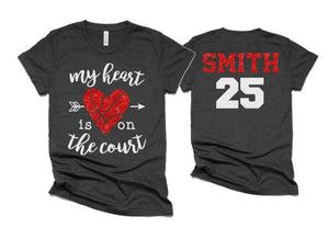 Glitter Basketball Mom Shirt | My Heart is on that Court | Short Sleeve Shirt | Bella Canvas Tshirt | Customized Name & Colors