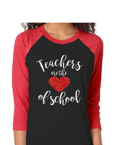 Glitter Teachers are the Heart of School 3/4 Sleeve Baseball Shirt | Teacher Gift | Teacher Shirt