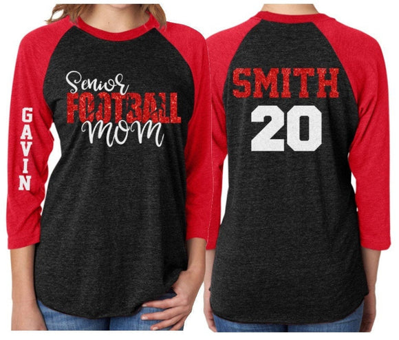 Glitter Senior Football Mom Shirt | Senior Mom Squad Shirts | Football Shirts | Football Mom Shirts | 3/4 Sleeve Raglan | Customize Colors