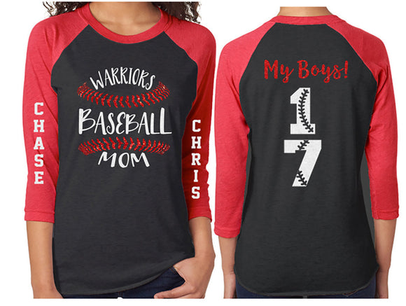 Glitter Baseball Laces Mom Shirt | Two Numbers Two Names 3/4 Sleeve Shirt | Customize