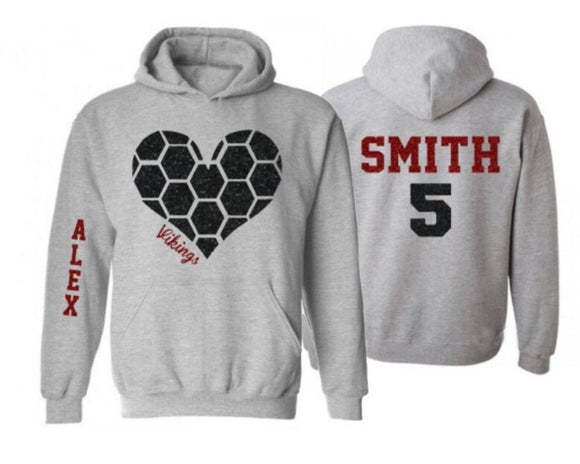 Glitter Soccer Heart Hoodie | Soccer hoodies | Soccer Mom Hoodies | Customize Colors | Adult or Youth